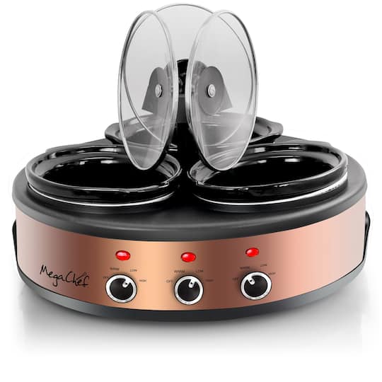 MegaChef Brushed Copper & Black Round Triple 1.5qt. Slow Cooker & Buffet Server Finish With 3 Ceramic Cooking Pots & Removable Lid Rests